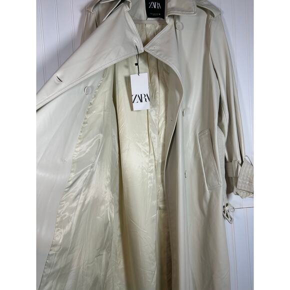 Zara Belted Faux Leather cream Trench Coat size medium oversize NWT  - Picture 8 of 16